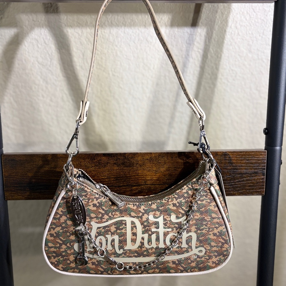 Von Dutch Camo Shoulder Bag Y2K Mini Baguette Purse Chain Detail Logo Print